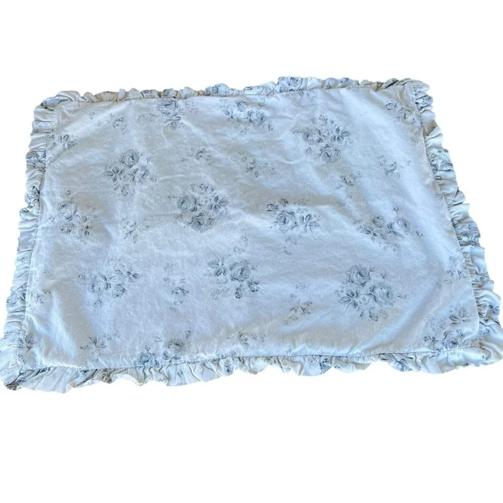 VTG Ethan Allen Blue Gray Rose Reversible 3-Piece Duvet Set Ruffles Cottage READ